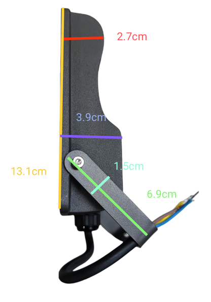 Firefly 220V LED outdoor flood light with detailed dimensions for installation and use