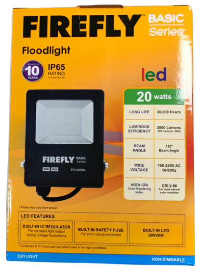 Firefly 220V LED outdoor flood light with 20 watts, IP65 rating, and energy-efficient design