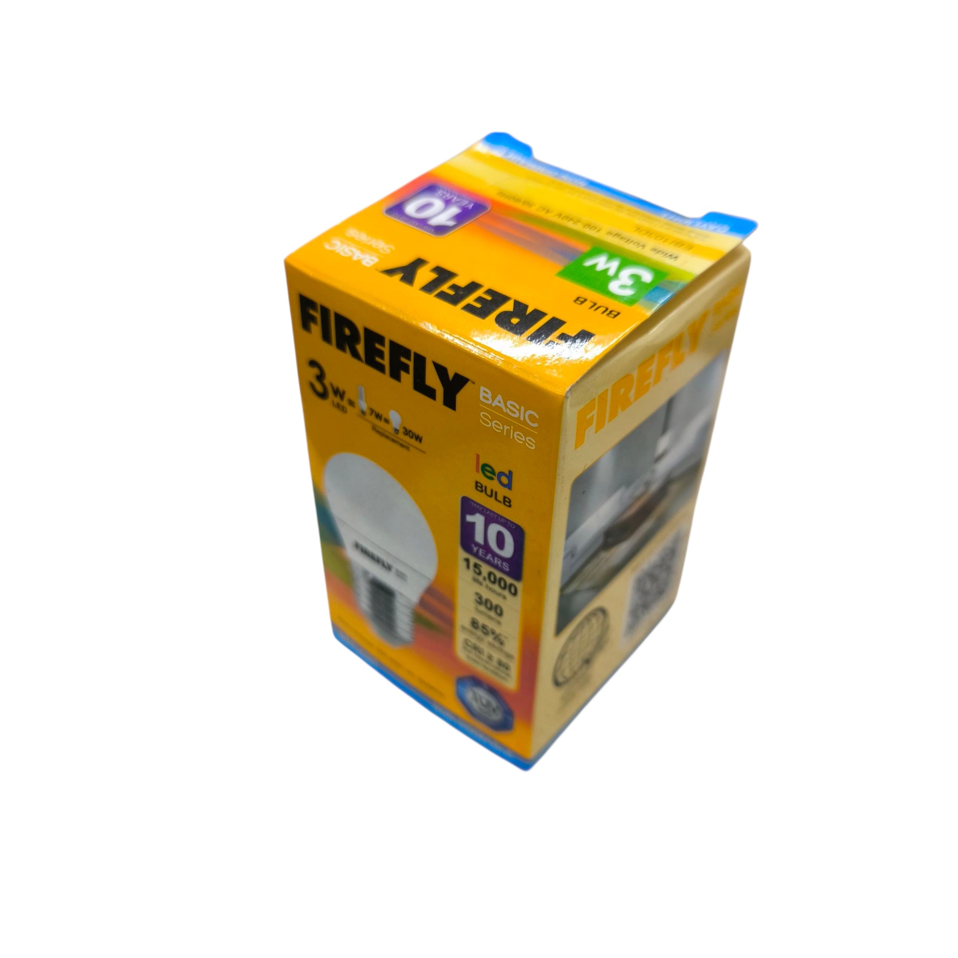 Firefly 3W LED bulb E27 packaged in a bright yellow box featuring energy efficiency details