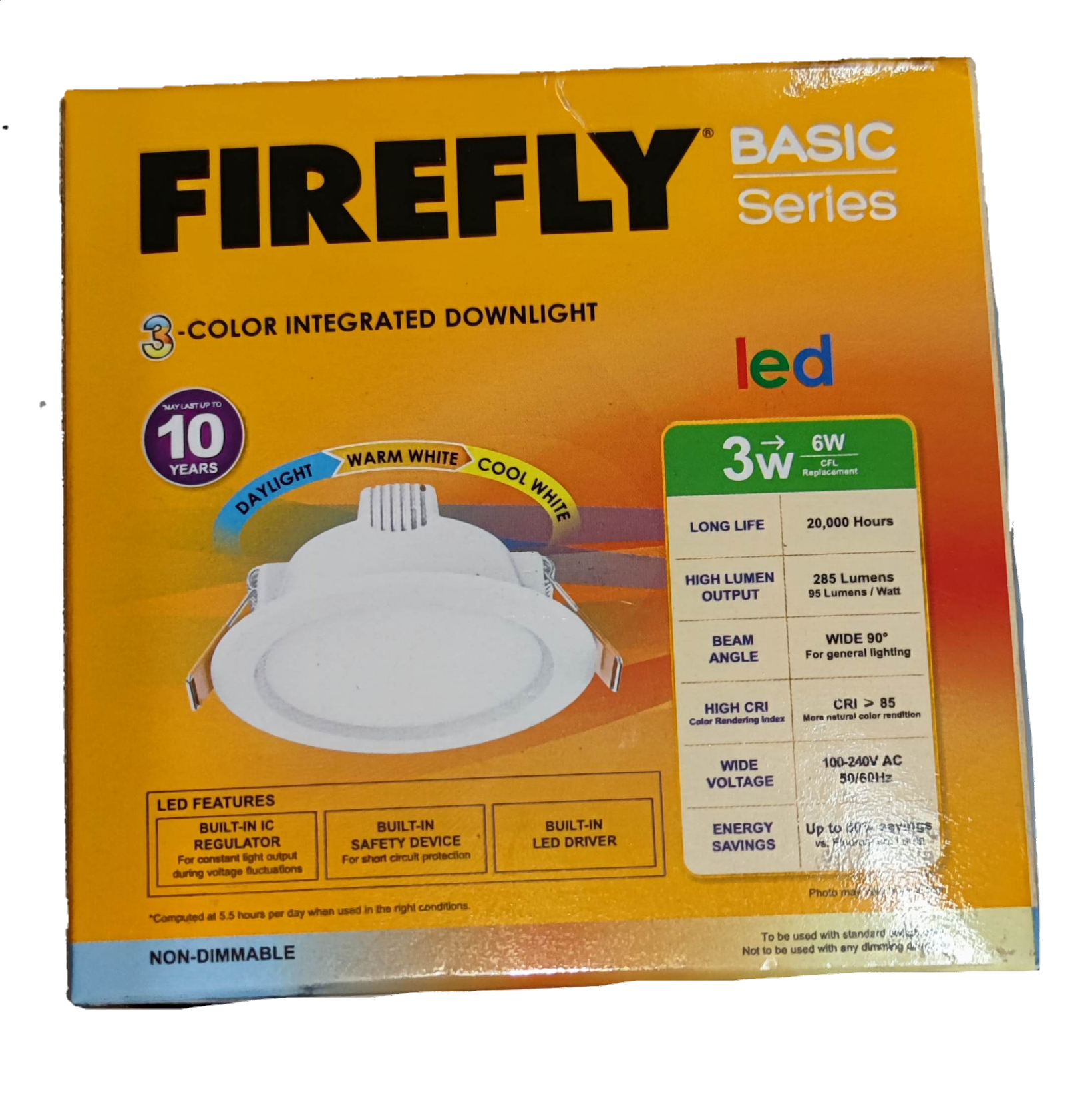 Firefly 3W LED downlight tri color packaging showcasing features and specifications.