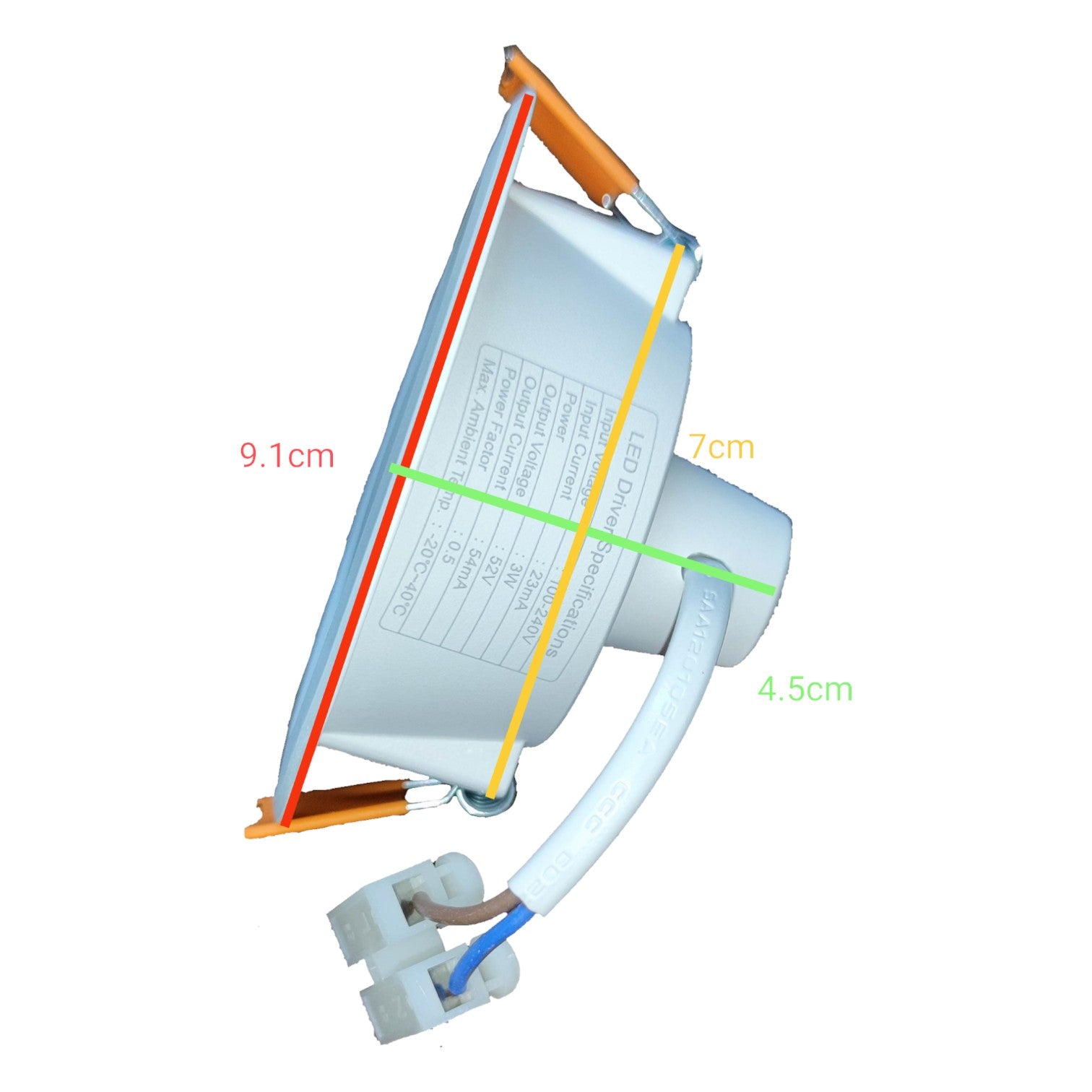 Technical diagram of a ceiling light fixture with dimensions labeled on a white background