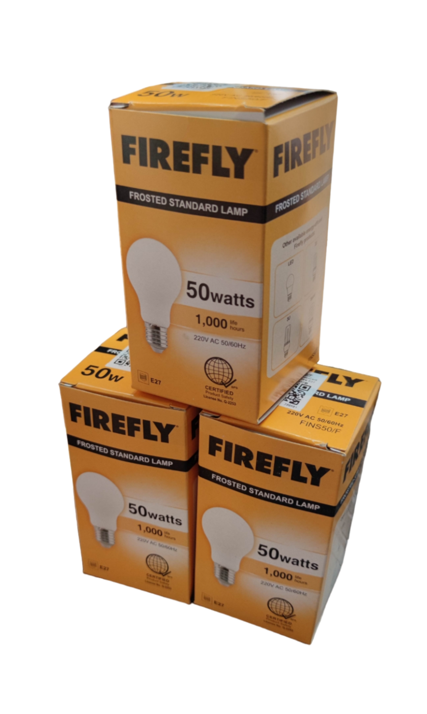 Three Firefly 50W incandescent lamp E27 boxes stacked, showing frosted standard lamp design