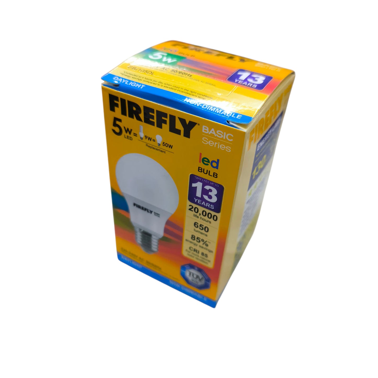 Firefly 5W LED bulb E27 daylight in packaging, energy-efficient with a lifespan of 20,000 hours.