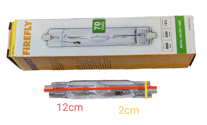 Firefly 70W metal halide lamp linear with a box displaying specifications and measurements