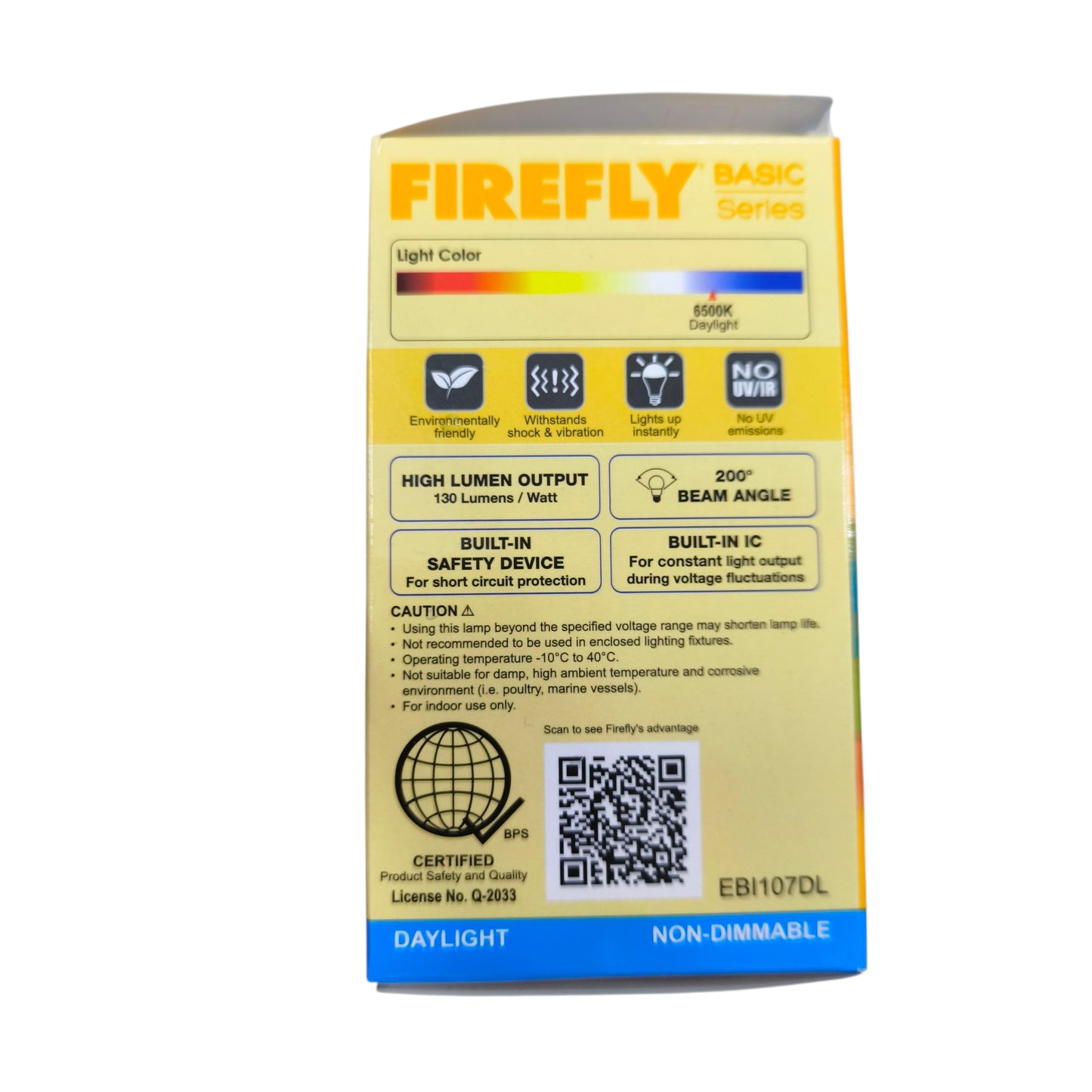 Firefly 7W LED Bulb Lamp E27 220V packaging showing energy efficiency and safety features
