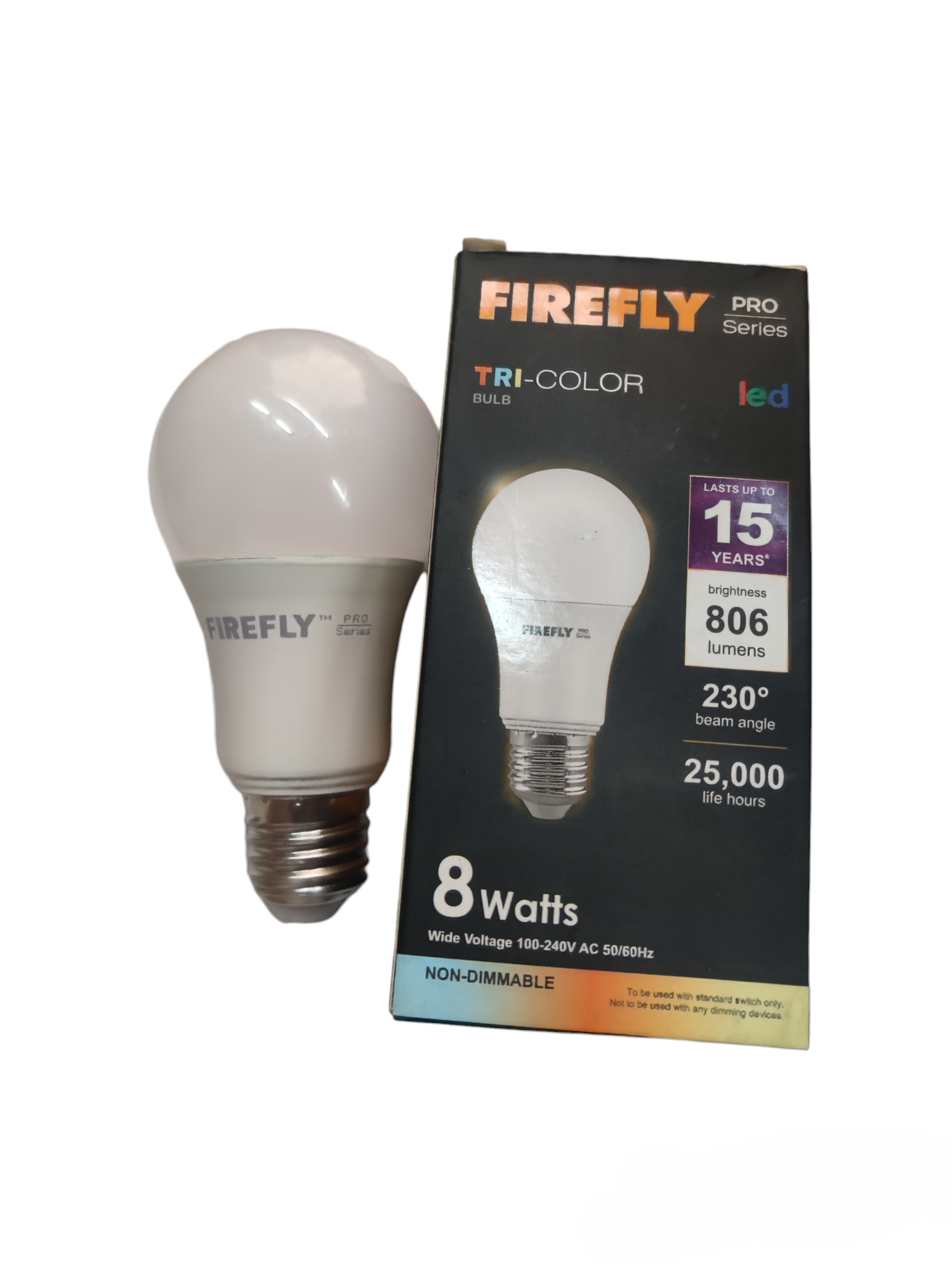 Firefly 8W tri color LED bulb with 806 lumens and 230 degree beam angle for bright lighting
