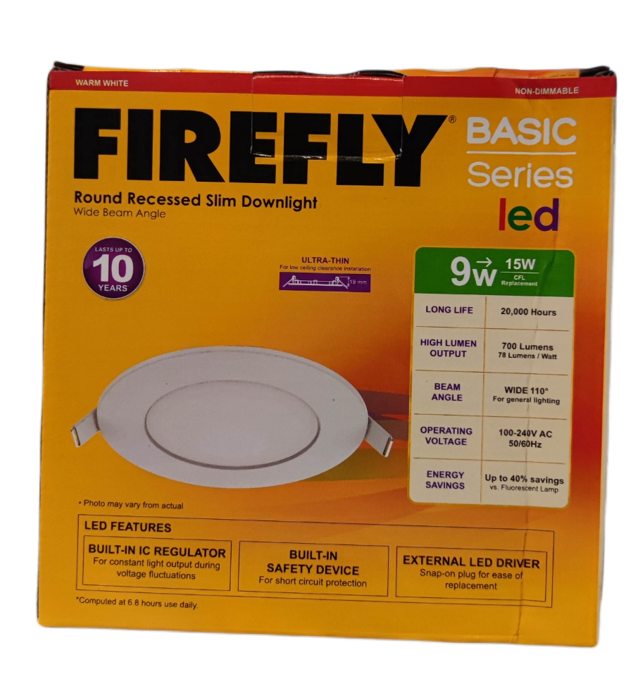 Firefly 9W LED round recessed downlight in packaging, ideal for energy-efficient lighting solutions.