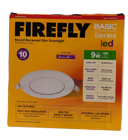 Firefly 9W LED round recessed downlight in packaging, ideal for energy-efficient lighting solutions.