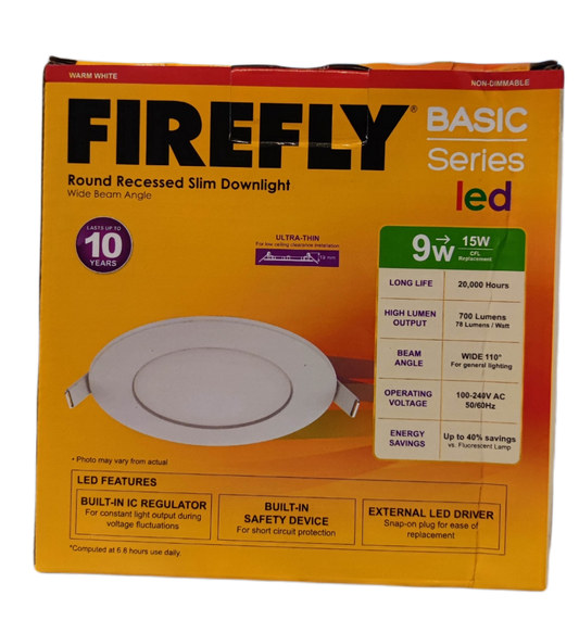 Firefly 9W LED round recessed downlight in packaging, ideal for energy-efficient lighting solutions.