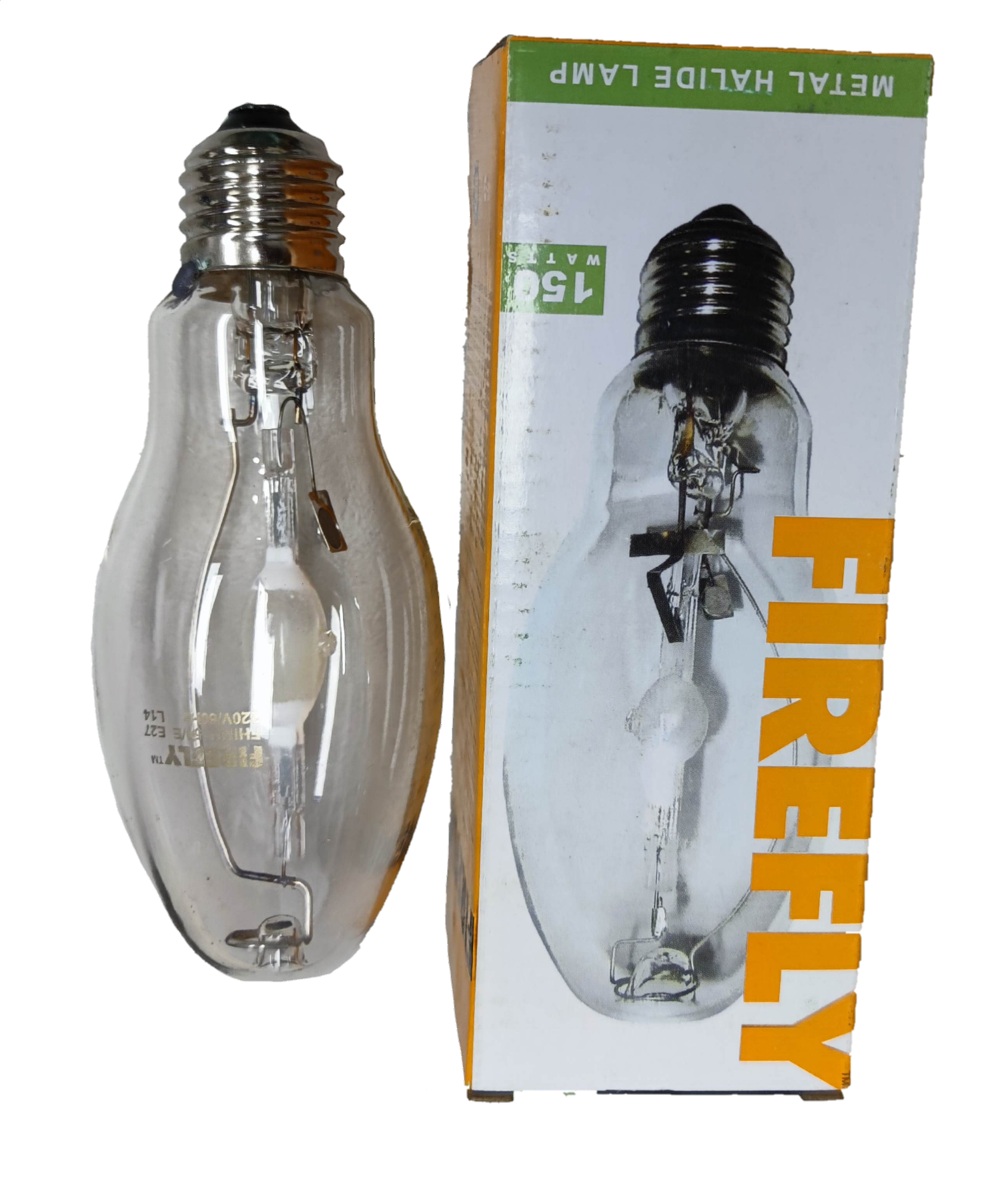 Firefly High Intensity Discharge Bulb with a clear glass design, labeled as Metal Halide Lamp Elliptical