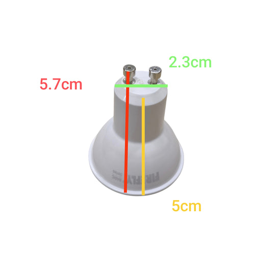 Firefly MR16 5W LED Daylight GU10 220V bulb white reflector with annotated dimensions 5.7cm height 5cm diameter 2.3cm top