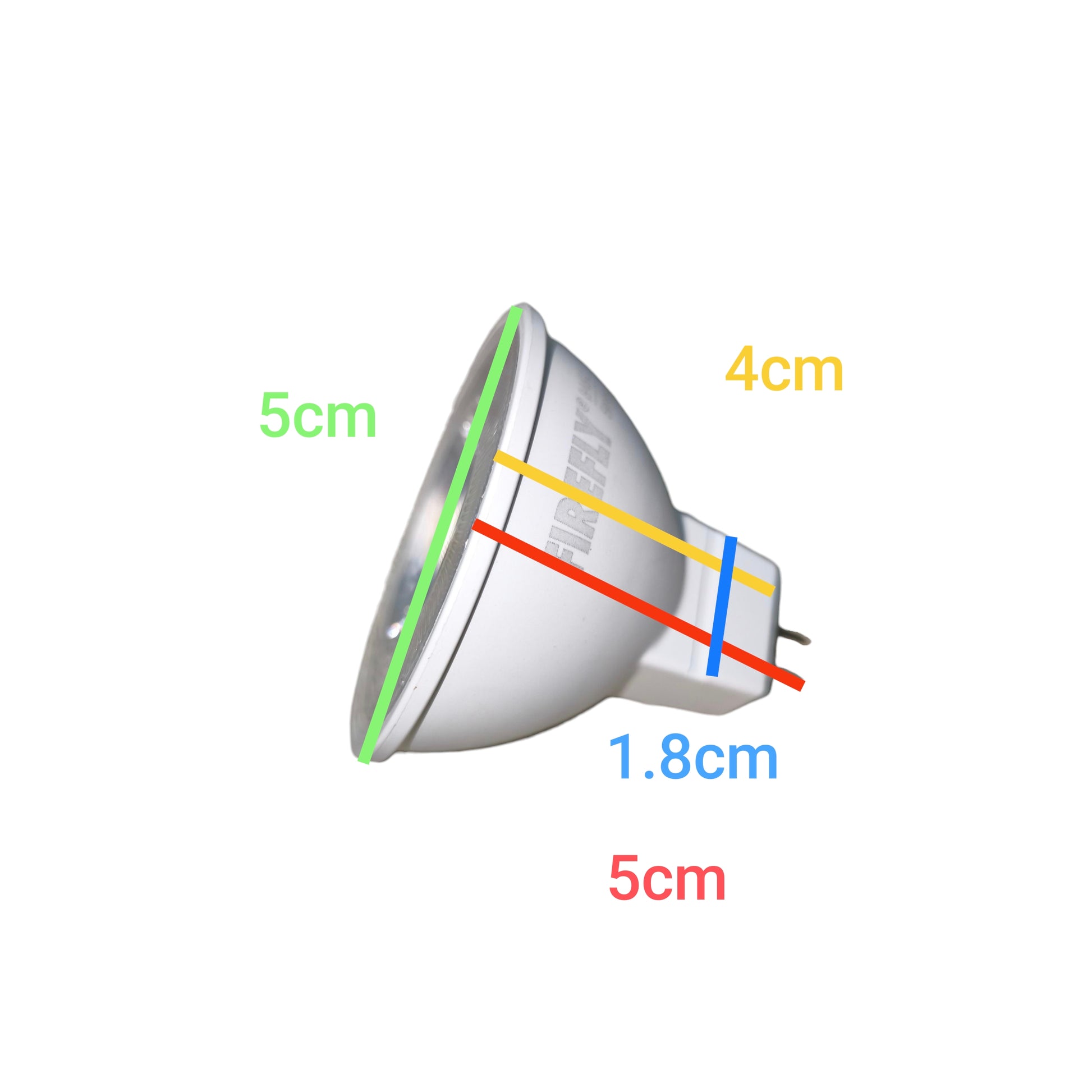 Firefly MR16 LED 5W Daylight 220V AC spotlight bulb with annotated measurements showing 5cm diameter and 1.8cm pin length