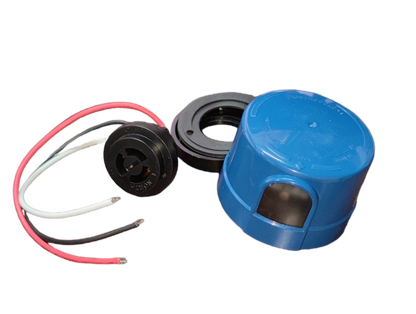 Firefly Photo Sensor Switch 10A 250V blue dome housing with black sensor module mounting ring and red white black wires