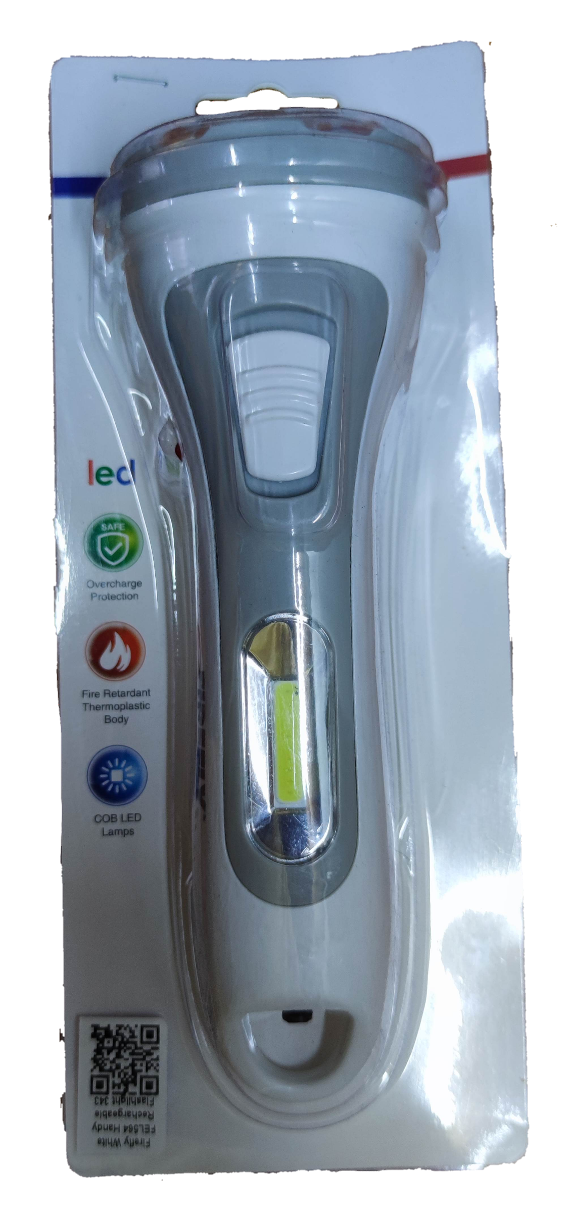 Firefly rechargeable flashlight 3W in white packaging with multiple brightness settings