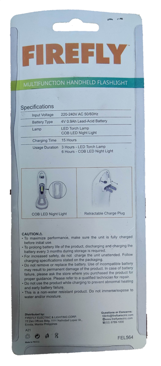 Firefly rechargeable flashlight 3W with multifunctional features and retractable charge plug