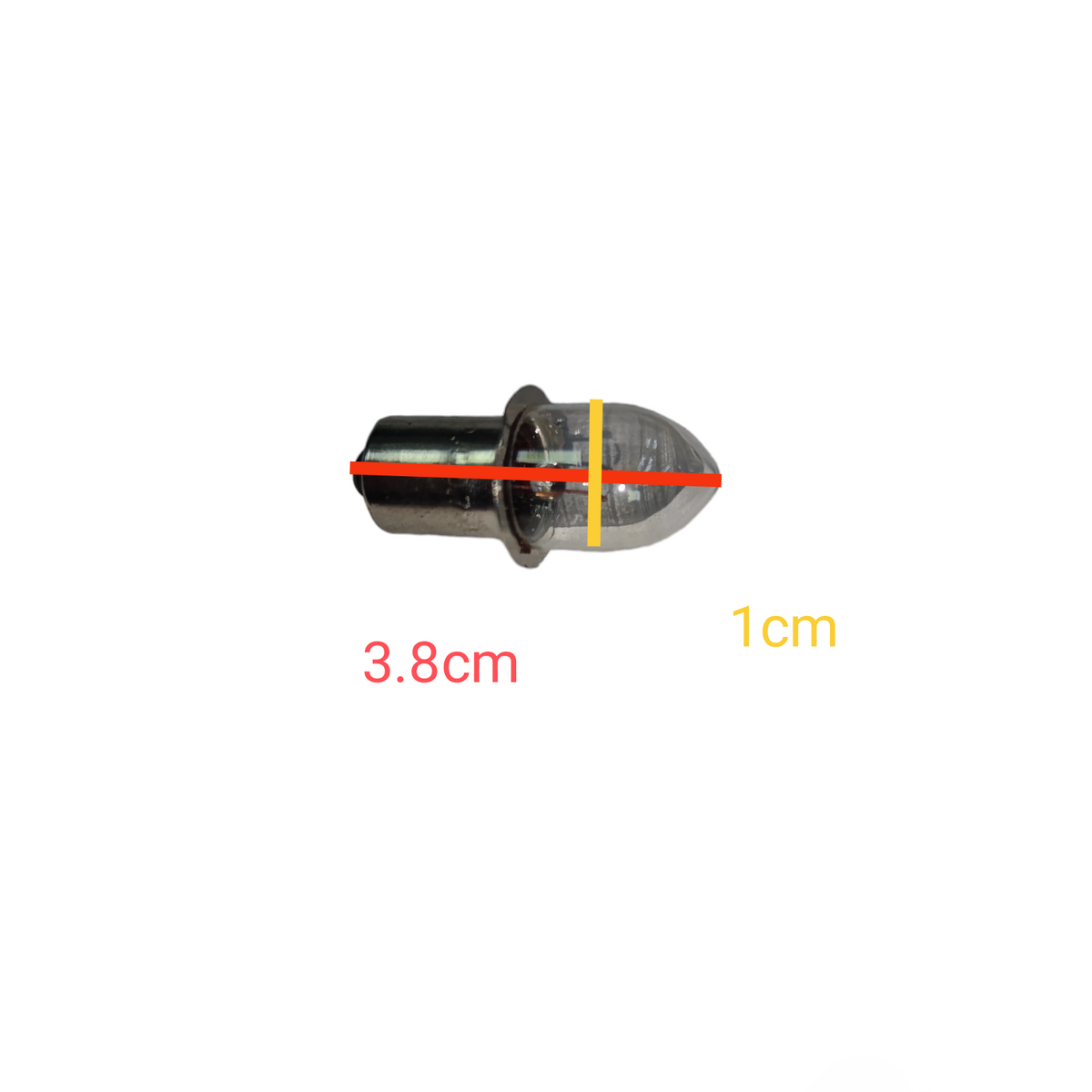 Flashlight bulb B9 socket with transparent glass and metal base showing 3.8 cm length and 1 cm diameter