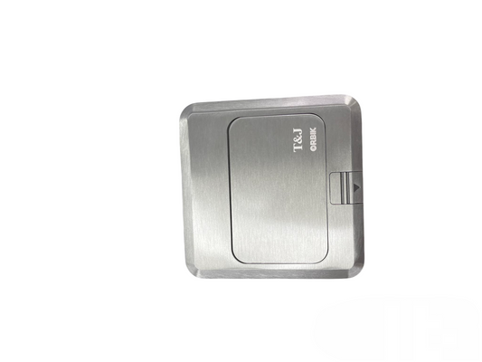 T&J Floor Universal Outlet with Telephone in brushed metal finish for power and phone connections