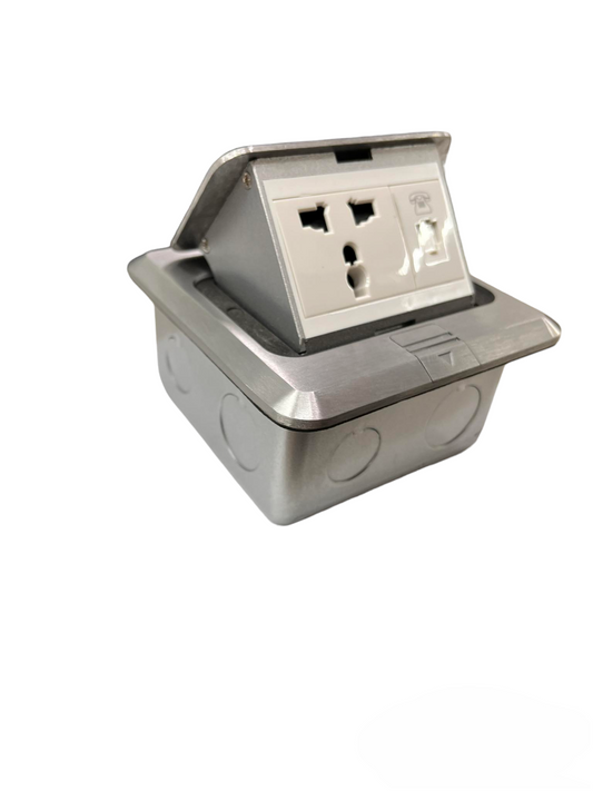 T&J Floor Universal Outlet with Telephone in stainless steel casing for power and phone connections