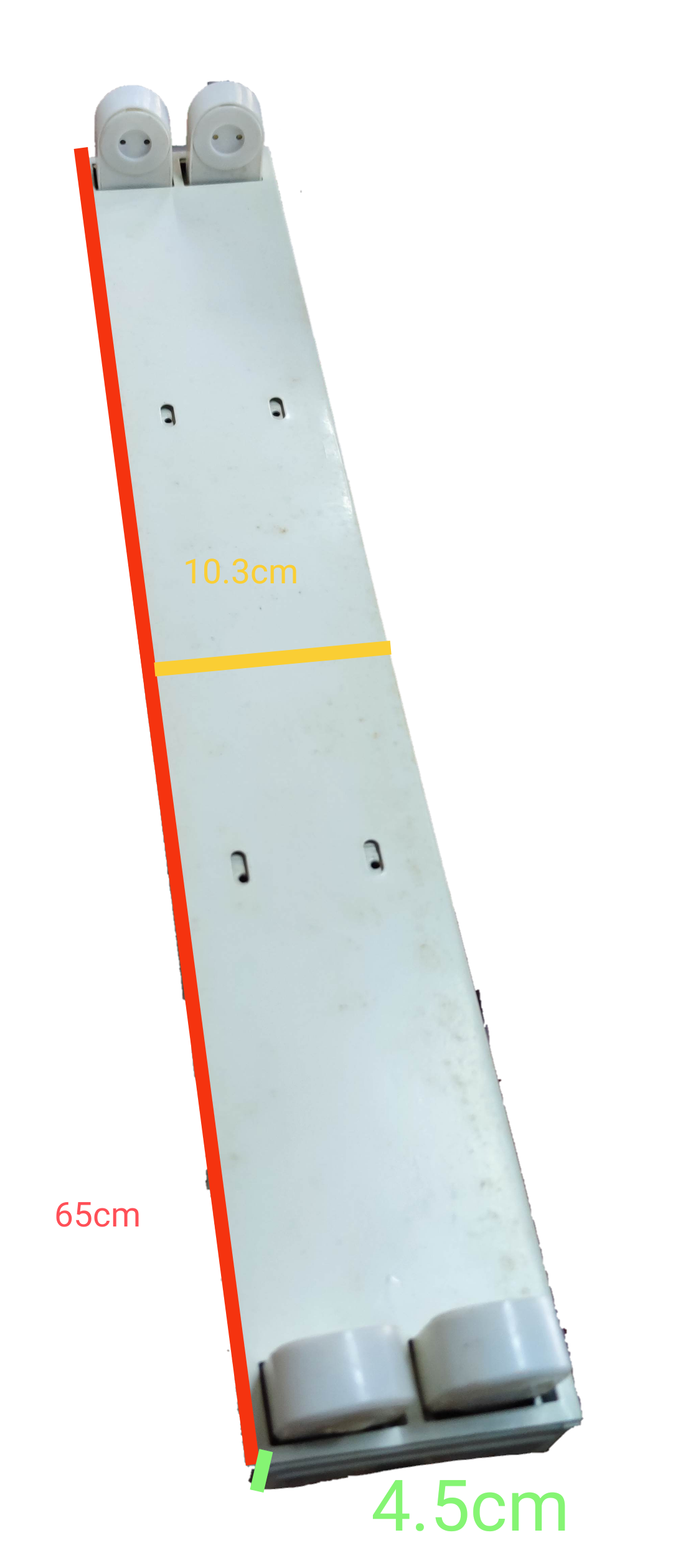 Focus 2x20W fluorescent light fixture with dimensions of 65cm by 10.3cm by 4.5cm