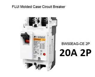 Fuji MCCB BW50EAG-CE 20A circuit breaker. White molded case 2P industrial breaker with manual trip handle and terminal lugs