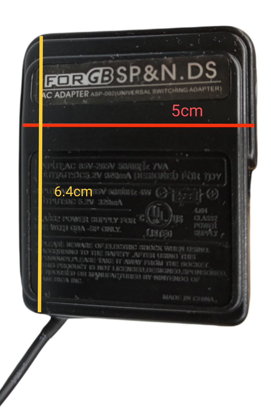 China made black Game Boy Charger SP and NDS power adapter with detailed label and cable