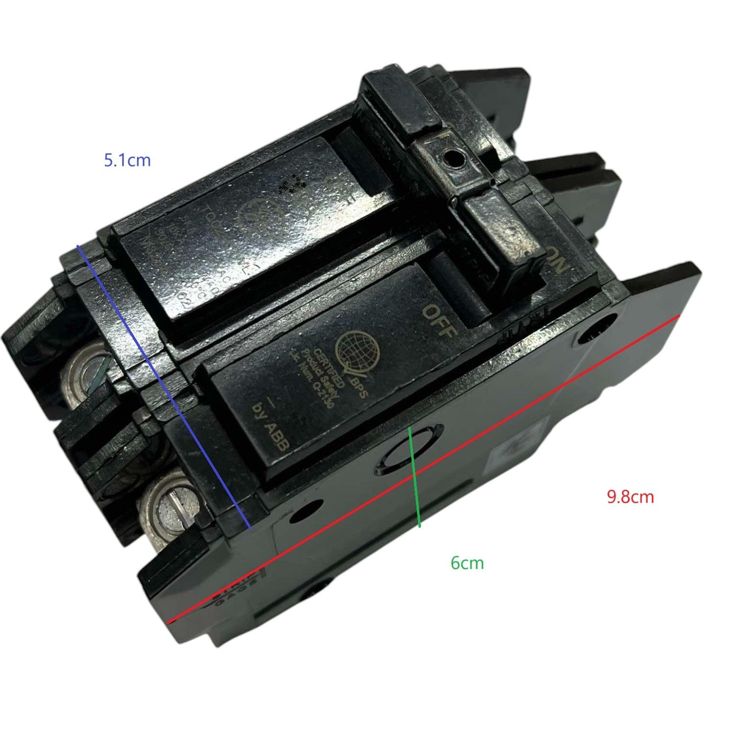 ABB GE 100A Circuit Breaker 2 Pole TQC24100WL with dimensions 5.1cm by 6cm by 9.8cm for electrical applications