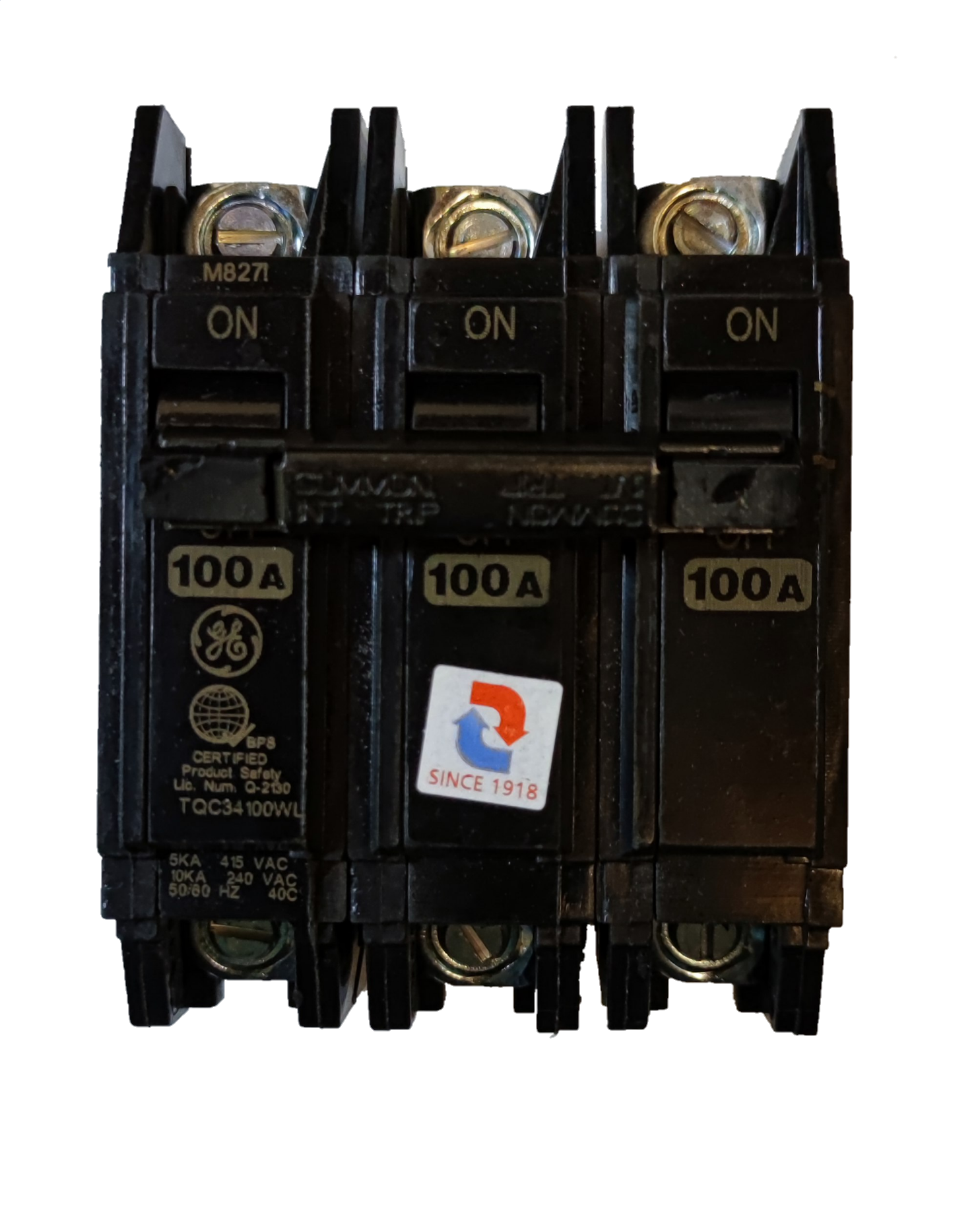 GE 100A Circuit Breaker 3 Pole Three Phase black electrical component with on/off switches