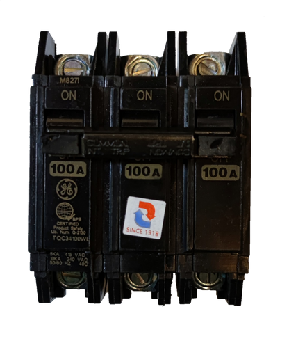 GE 100A Circuit Breaker 3 Pole Three Phase black electrical component with on/off switches