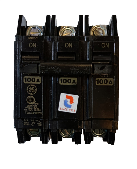 GE 100A Circuit Breaker 3 Pole Three Phase black electrical component with on/off switches