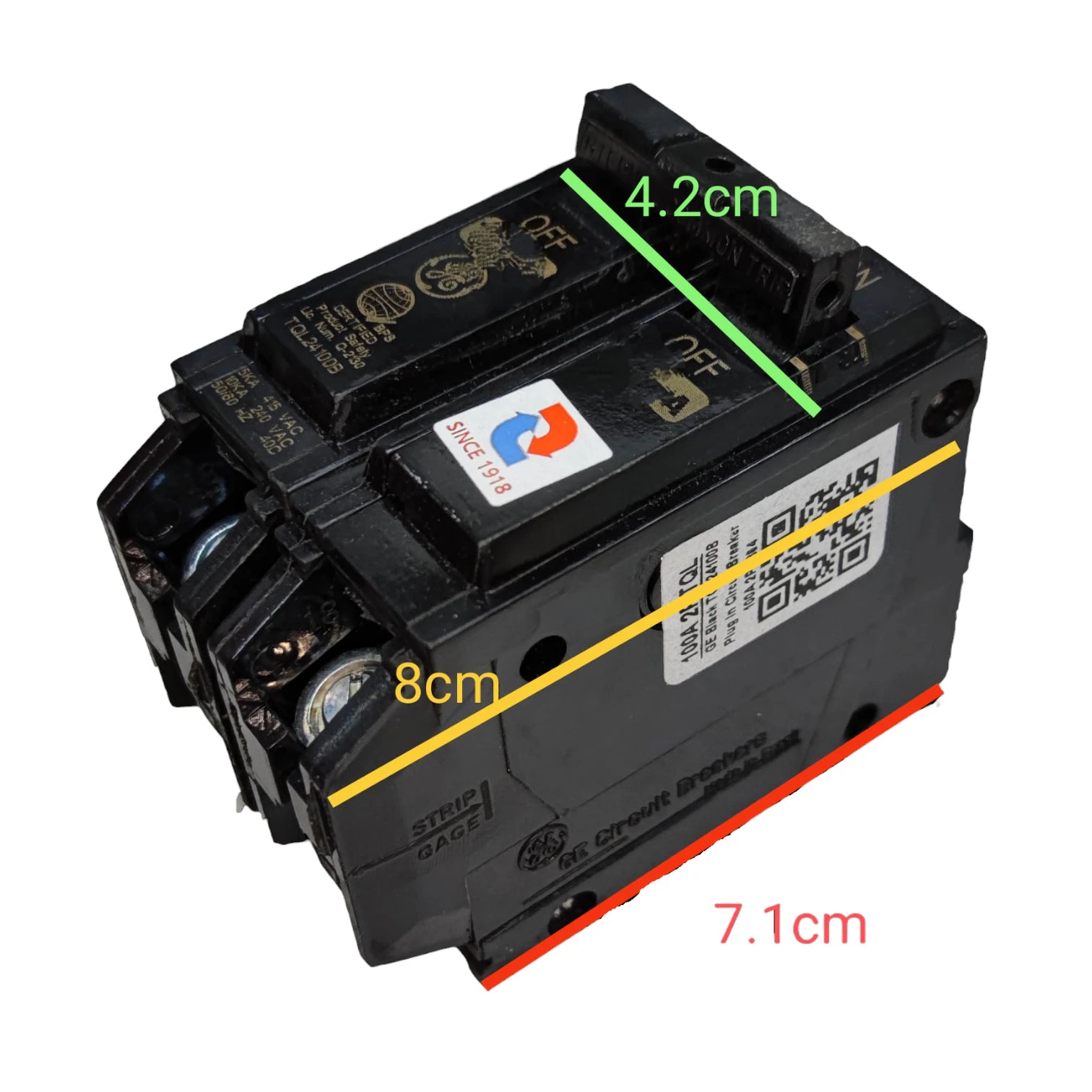GE 100A circuit breaker TQL 10KAIC with dimensions 8cm by 7.1cm by 4.2cm for electrical safety