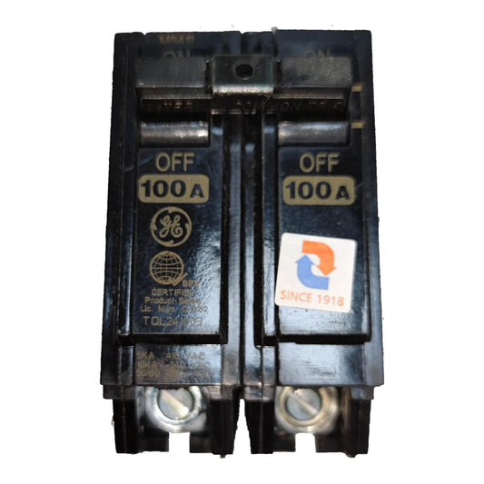 GE 100A circuit breaker TQL 10KAIC with toggle switch and mounting points for secure installation