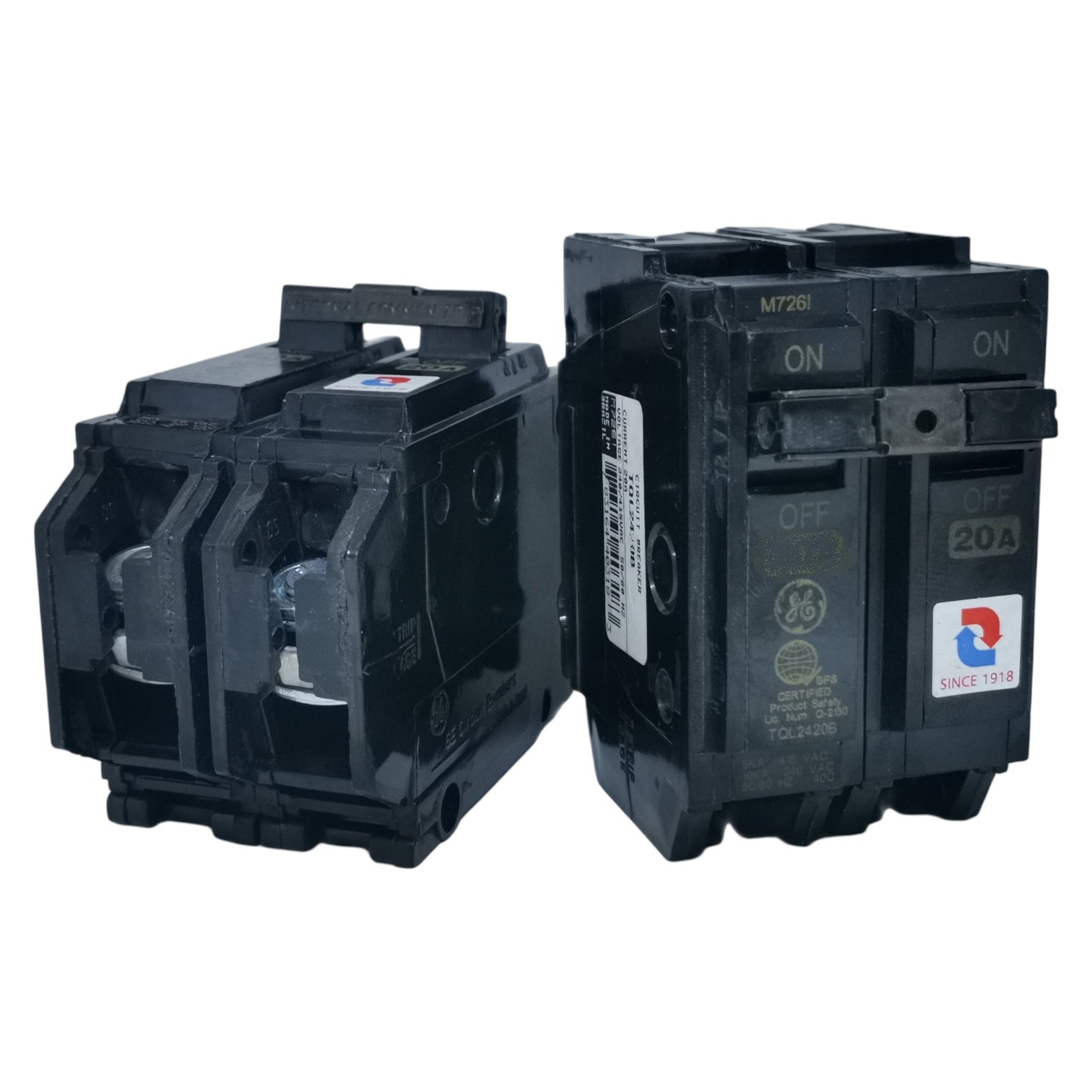 GE 15A Circuit Breaker 2 Pole in black with on and off indicators for electrical safety