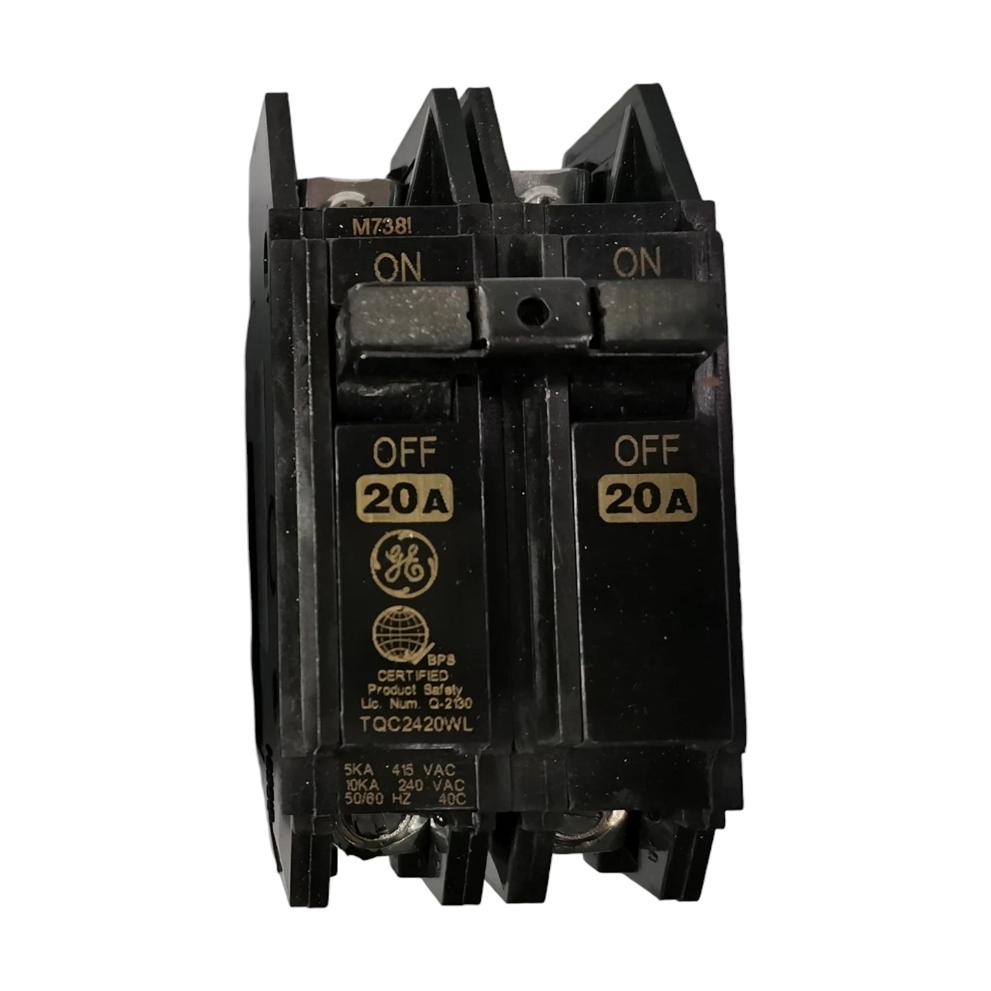 20A 2 Pole GE TQC bolt-on breaker with two ON/OFF switches for electrical circuits