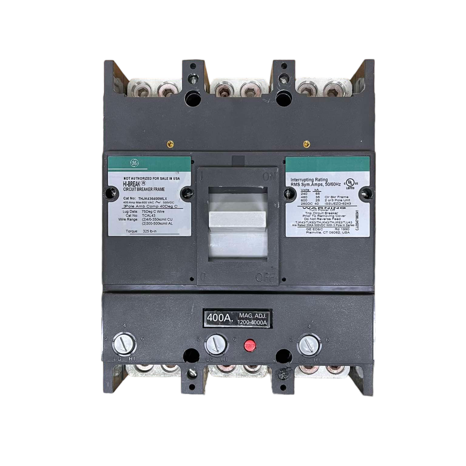 GE 400A 3 Pole Industrial Circuit Breaker electrical component with switch and labeling