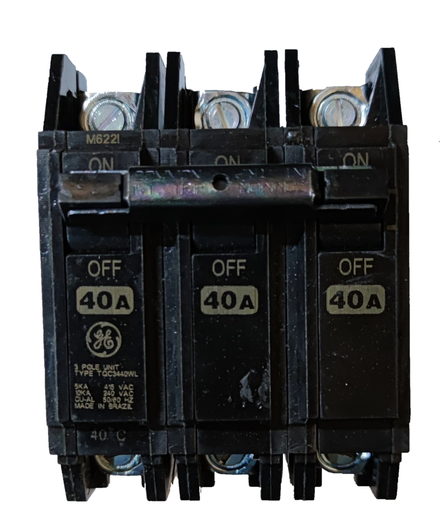 GE 40A 3P Circuit Breaker 3 Pole black molded case three pole breaker with OFF labels and terminal lugs