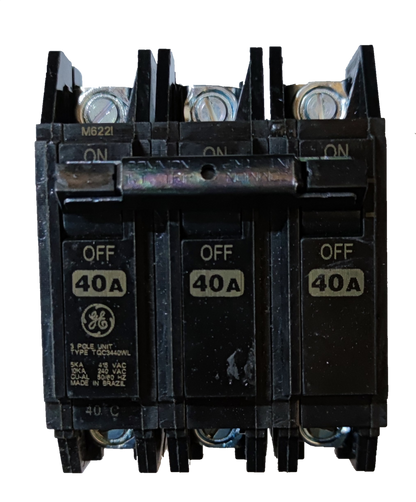 GE 40A 3P Circuit Breaker 3 Pole black molded case three pole breaker with OFF labels and terminal lugs