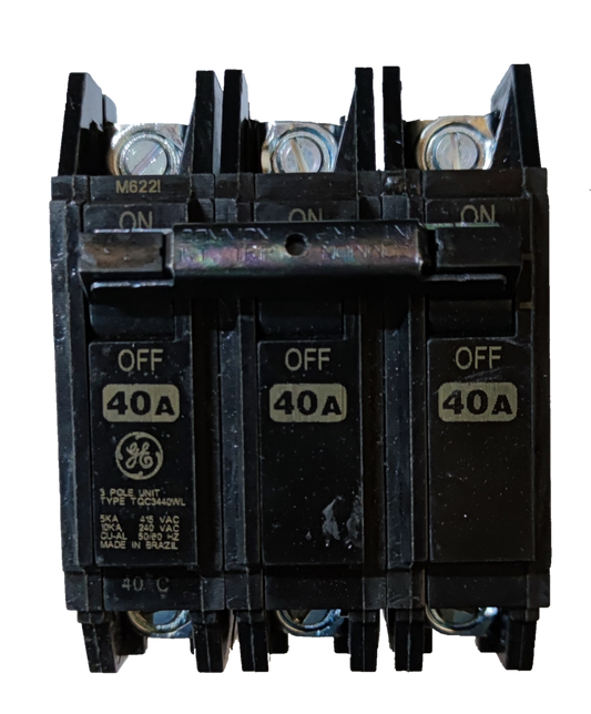 GE 40A 3P Circuit Breaker 3 Pole black molded case three pole breaker with OFF labels and terminal lugs