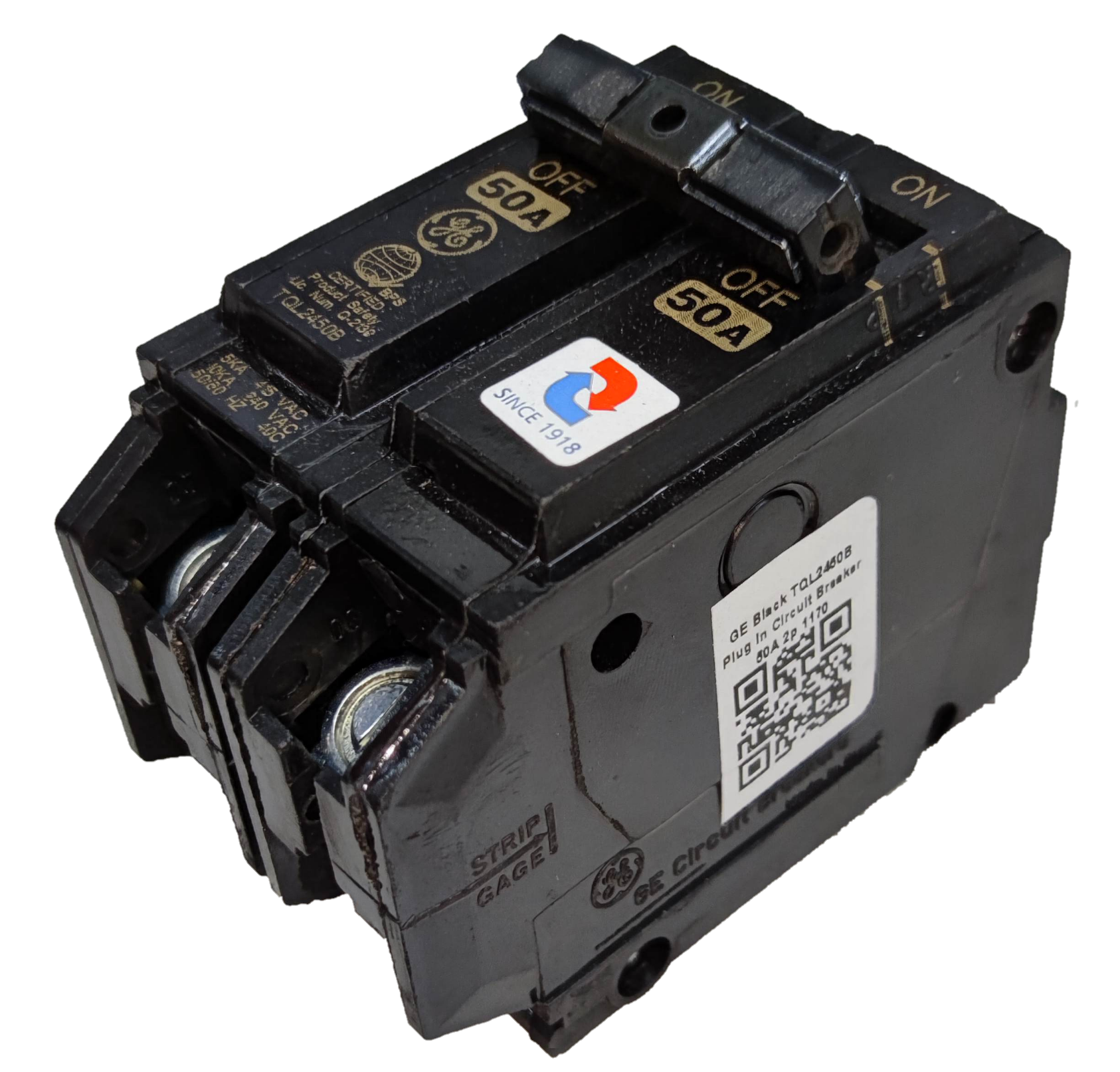 GE 50A Circuit Breaker 2 Pole black electrical component with ON OFF switch and QR code label