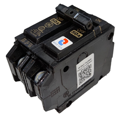 GE 50A Circuit Breaker 2 Pole black electrical component with ON OFF switch and QR code label