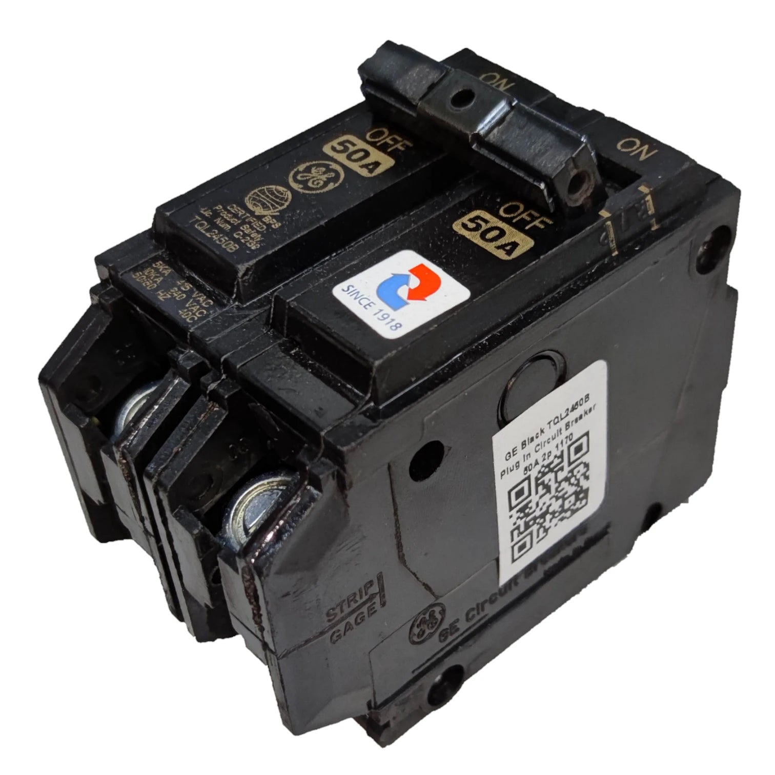 GE 50A Circuit Breaker 2 Pole with clear identification labels for electrical safety and protection