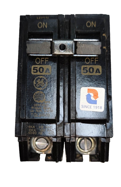 GE 50A Circuit Breaker 2 Pole black electrical part with ON OFF switches and metal connectors