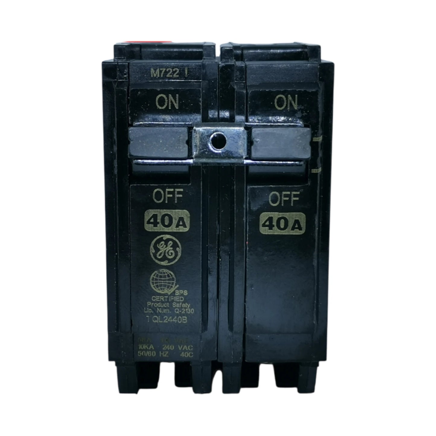 GE 50A Circuit Breaker 2 Pole with dual ON and OFF switches for electrical safety.
