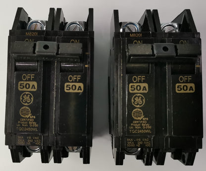 GE 50A Circuit Breaker 2 Pole black electrical breakers with ON OFF switch and 50 amp rating