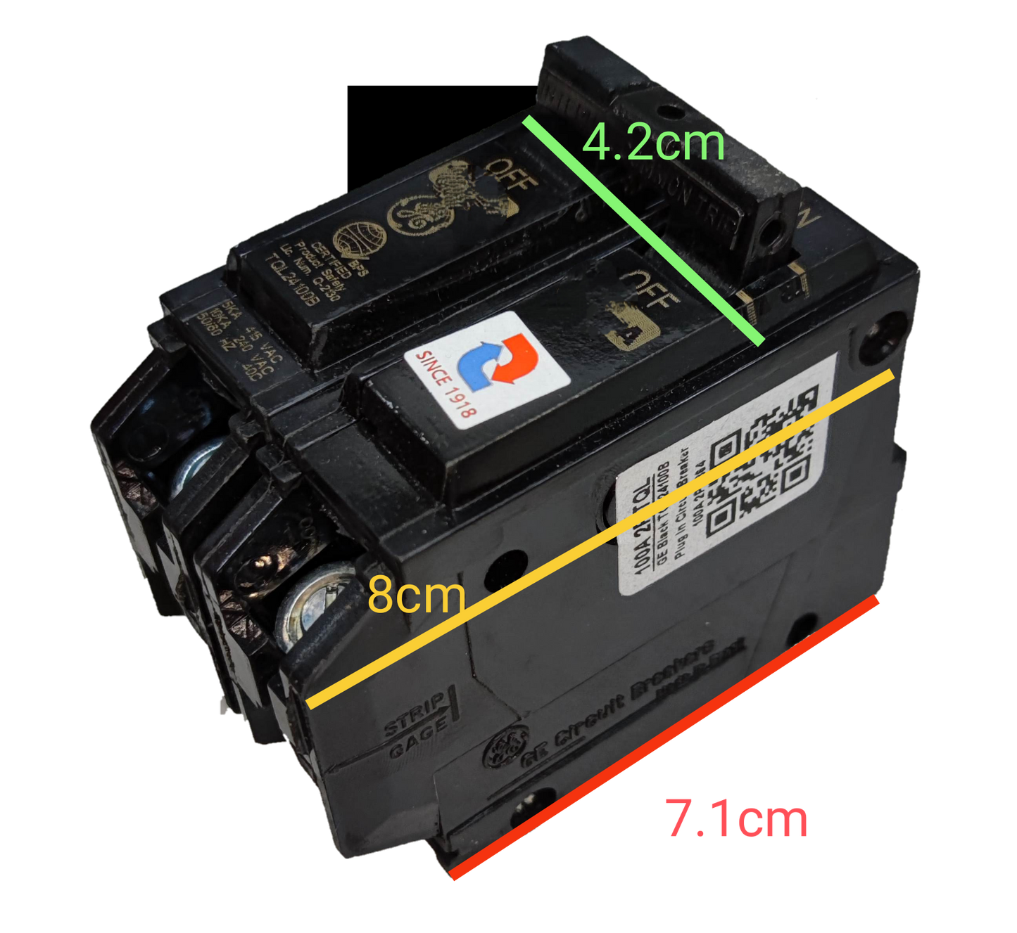 GE 50A Circuit Breaker 2 Pole black electrical breaker with ON OFF switches and measurement markings