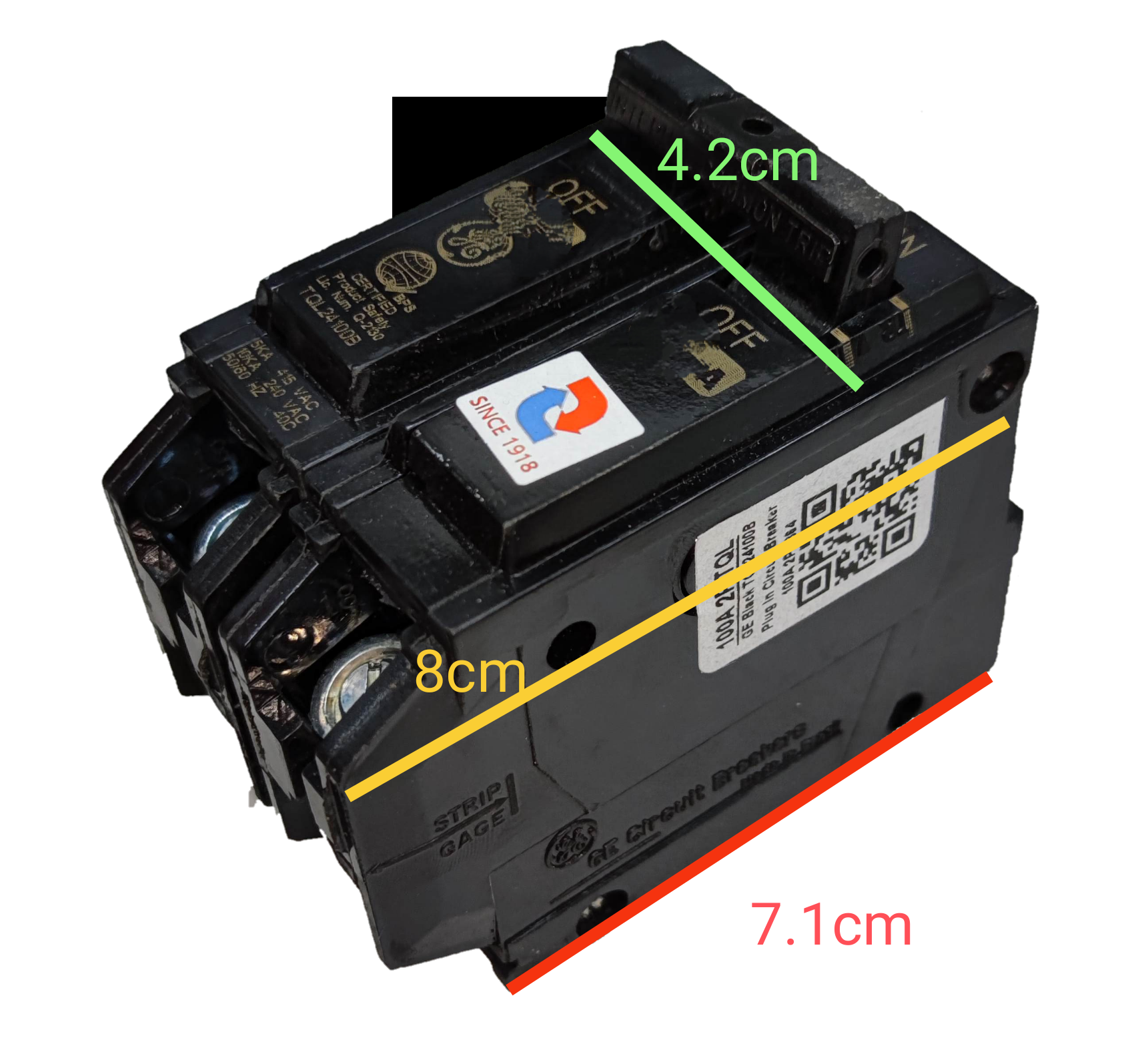 GE 50A Circuit Breaker 2 Pole black electrical breaker with ON OFF switches and measurement markings