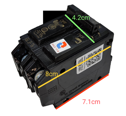 GE 50A Circuit Breaker 2 Pole black electrical breaker with ON OFF switches and measurement markings