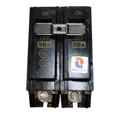 GE 50A Circuit Breaker 2 Pole in black with clear ON/OFF indicators for electrical safety