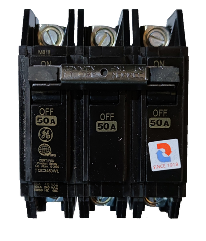 GE 50A Circuit Breaker 3 Pole Three Phase black electrical component with ON OFF switches