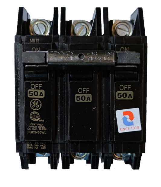 GE 50A Circuit Breaker 3 Pole Three Phase black electrical component with ON OFF switches