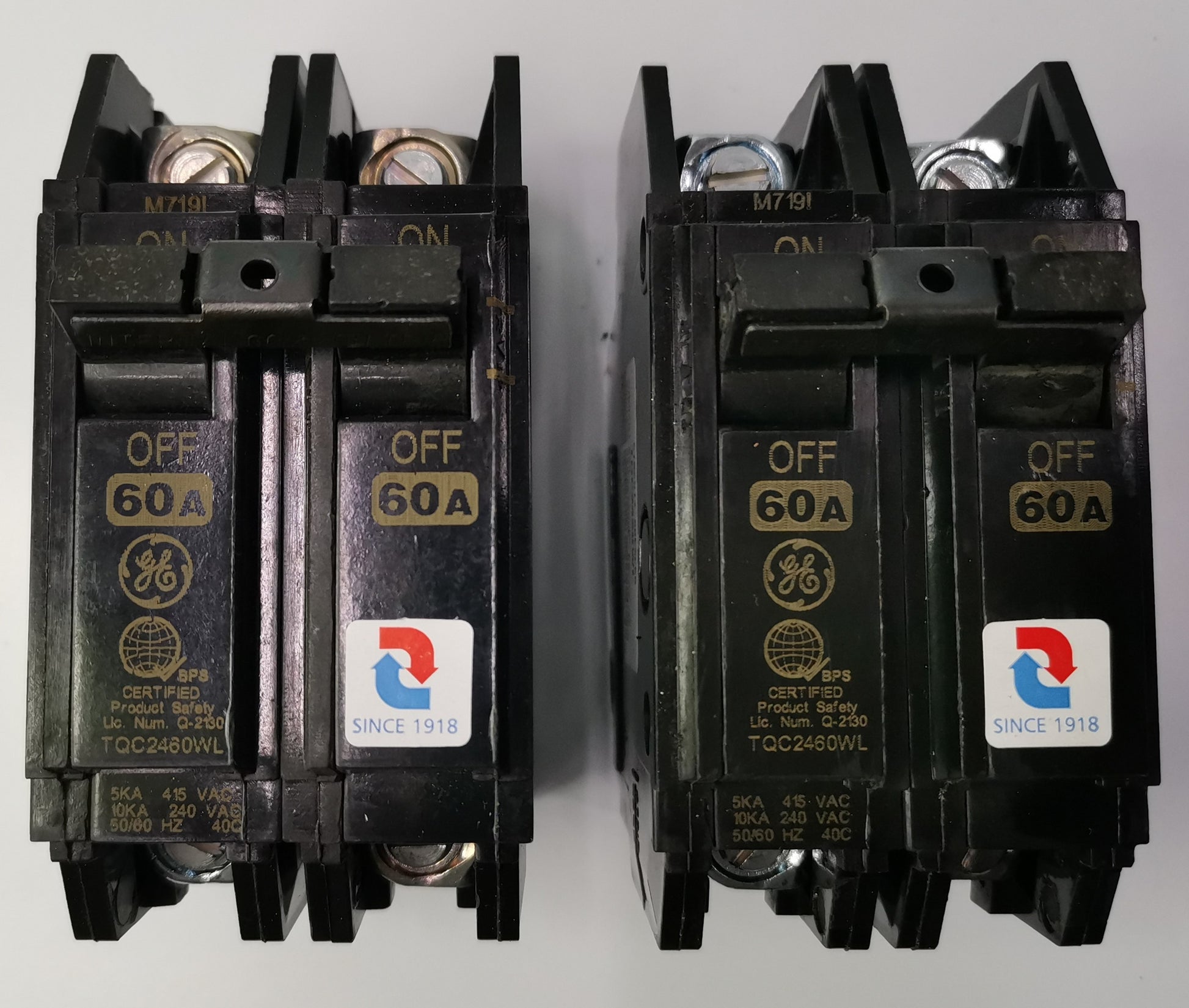GE 60A Circuit Breaker 2 Pole black electrical breakers with orange and white labels